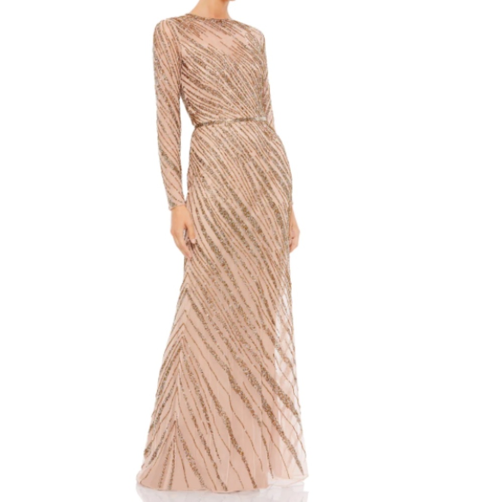 Mac Duggal Blush and Gold Long-Sleeve Sequin Evening Gown